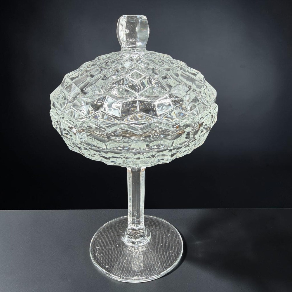 Fostoria American Clear Glass Cubist Pedestal Compote Lidded Candy Dish 9in Tall